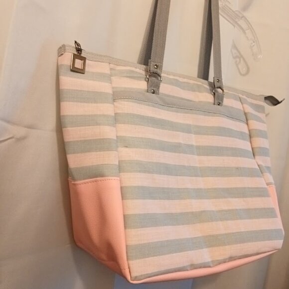 New Beach Tote Shopper shoulder Bag Pink Gray stripe Double handle Carryall Purs - Picture 5 of 8